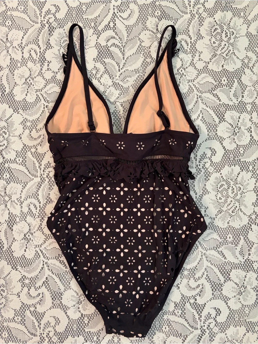 J. Crew Scalloped Ruffle Plunging One-piece Swimsuit in Laser-cut Eyelet Sz 12